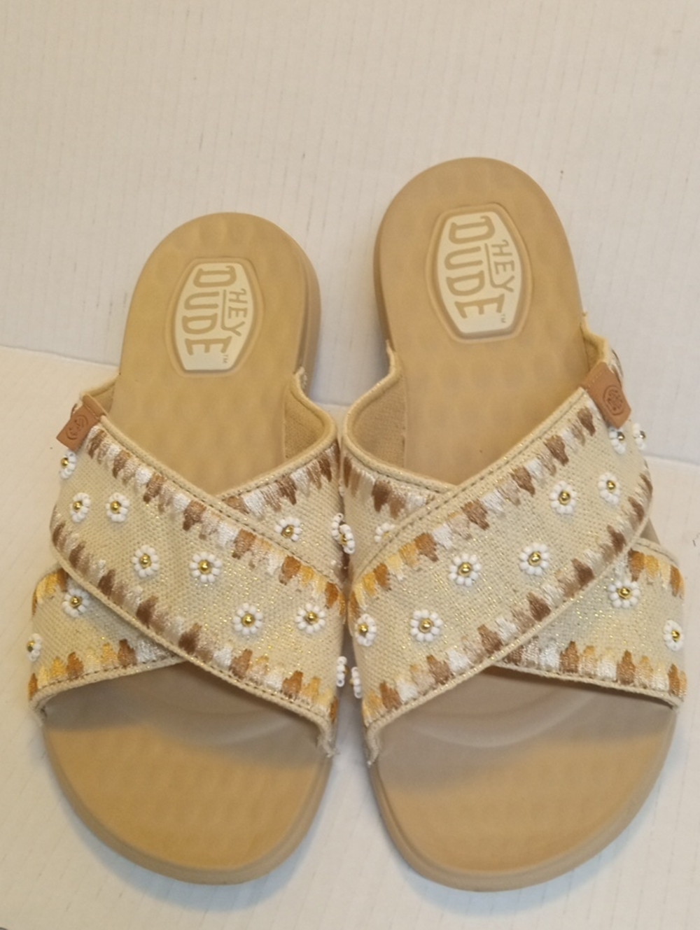 Sandles Women's Size 8 Wide Hey Dude Christi Slide Embroidered Tan Color